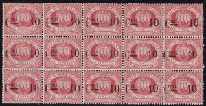 1892 SAN MARINO, n . 10 10c. on 20c. red BLOCK OF 15 MNH ** Signature Bolaffi