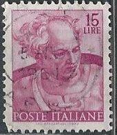 Italy 816 (used) 15 lire Michelangelo’s Joel, brt lilac (1961)