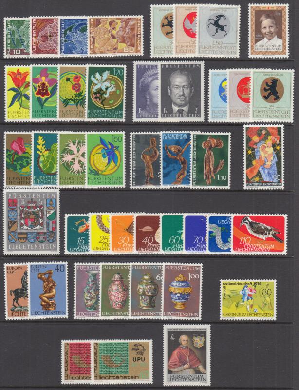 Liechtenstein Sc 454//552 MNH. 1969-1974 issues, 16 complete sets, VF