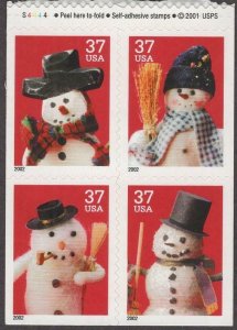 Scott # 3687b - US Convertible Pane Of 4 - Snowmen - MNH - 2002