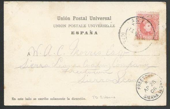 SPAIN TO SIERRA LEONE 1906 postcard ex Las Palmas, Freetown arrival cds....56984