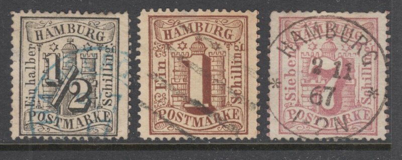 Hamburg Sc 13, 14, 20 used. 1864-65 Numerals, 3 different, nice cancels, sound