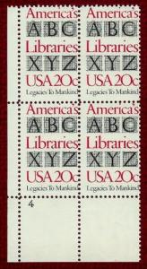 US Stamp #2015 MNH - America's Libraries Plate Block of 4