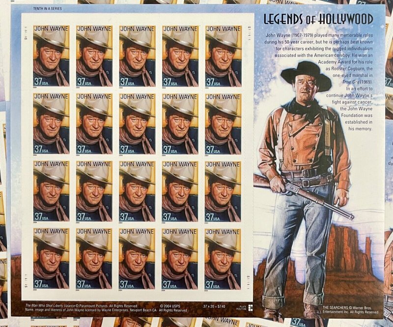 3876 John Wayne, Legend of Hollywood Lot of 10 MNH 37 c Sheets of 20 FV $74