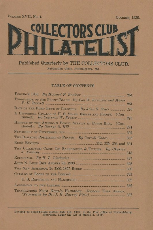 Lot of 10 Early Issues, Collectors Club Philatelist, July 1934 - Oct. 1938 