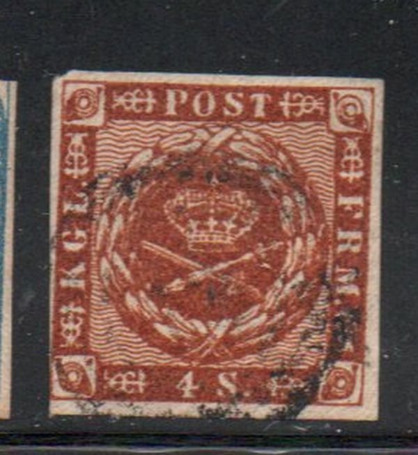 Denmark Sc 4 1854 4 s brown  Royal Emblems stamp used