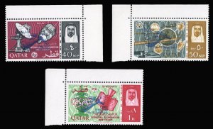 Qatar #96-98 Cat$150, 1966 Satellite, overprinted in blue, sheet margin set o...