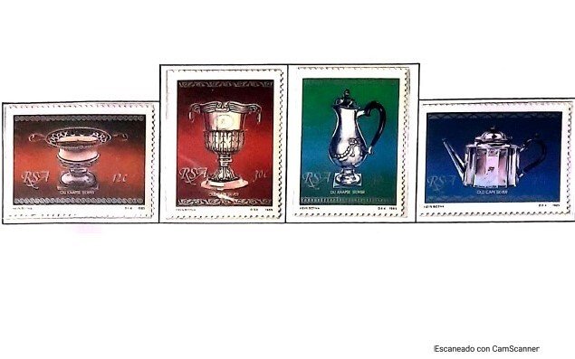 P) 1985 SOUTH AFRICA, CAPE TOWN SILVERWARE, SUGAR VESSEL, SET OF 4 STAMPS, MNH