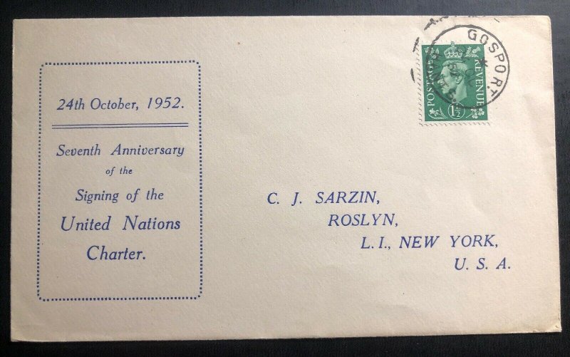 1952 Gosport England First Day Cover FDC To New York Usa United Nation Day