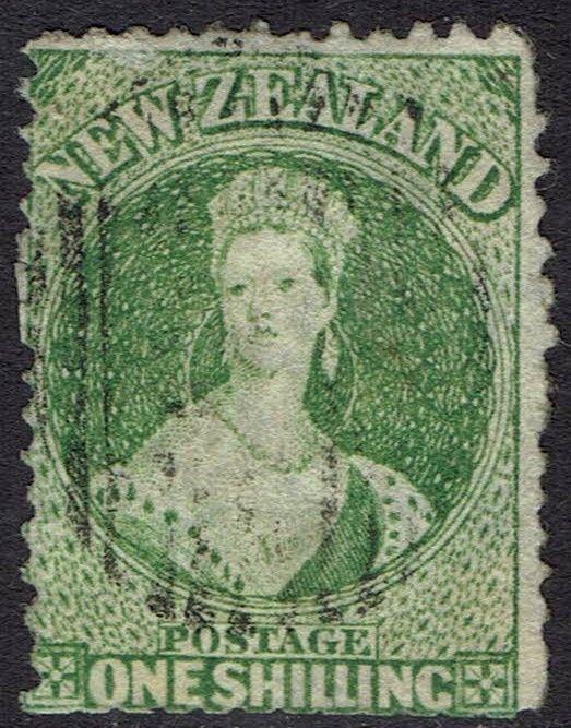 NEW ZEALAND 1864 QV CHALON 1/- WMK LARGE STAR PERF 12.5 USED 