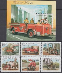 BENIN Sc# 1062-8 CPL MNH SET of 6 DIFF + ONE SOUVENIR SHEET FIREFIGHTING