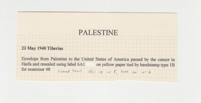 PALESTINE -USA 1940 CENSOR COVER TIBERIUS, #48 LABEL#71/9133, 15m RATE(SEE BELOW