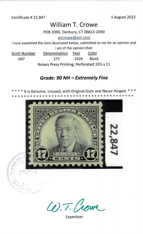 Scott #697, Crowe Cert Graded 90, XF centering, Mint, Never Hinged