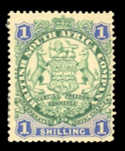 Rhodesia #33 Cat$27.50, 1896 1sh bright green and ultramarine, hinged, light ...