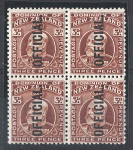 New Zealand 1910 3d chestnut perf 14x13½ Official fine um blk of 4 sgO74a c?...