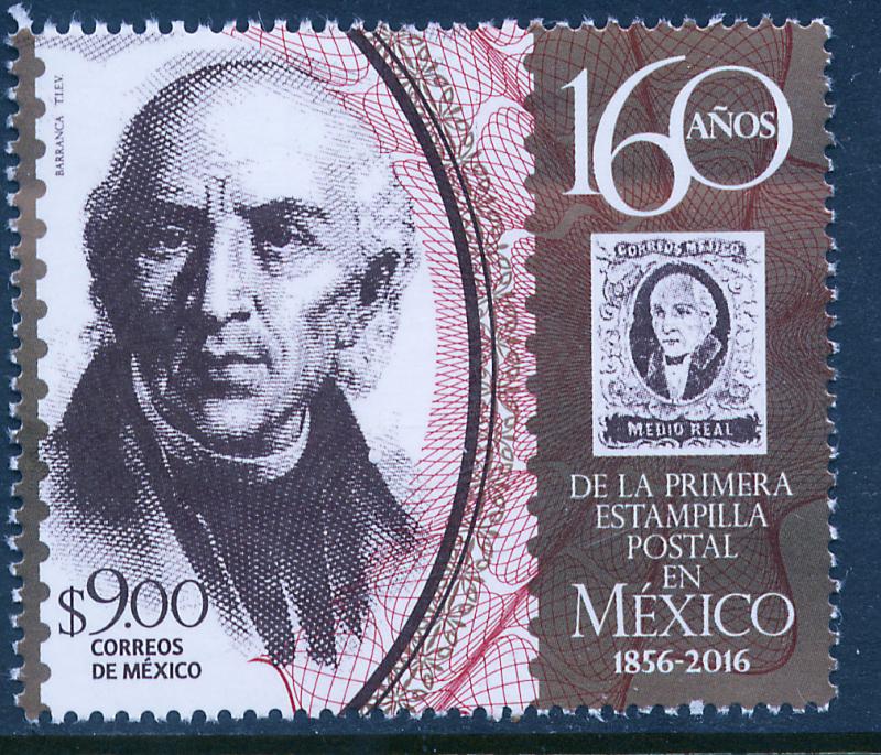 MEXICO 3013, $9.00P FIRST MEXICAN POSTAGE STAMP, 160th ANNIV.. MNH