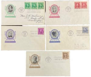 859-863 Ioor cachet 5 Famous American Authors FDC 1940 Alcott, Twain, Emerson