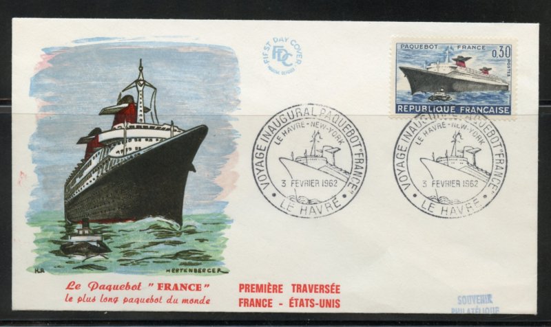 France Scott 1018 on FDC - First Voyage of the new Ocean Liner France