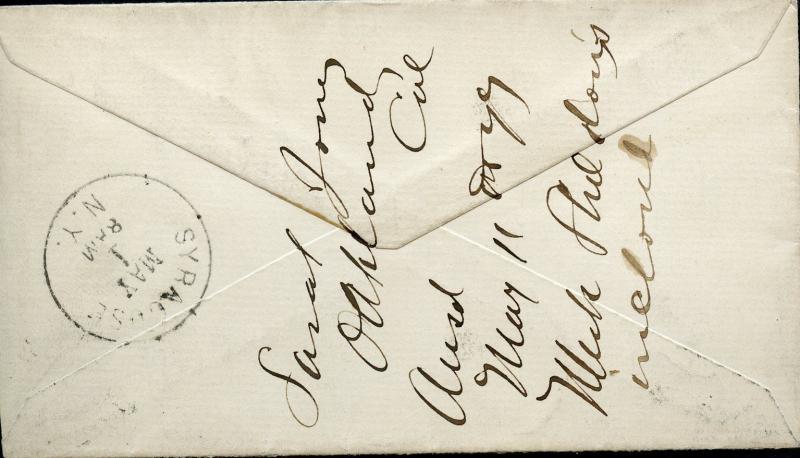US OAKLAND, CA 4/24/1879 TO SYRACUSE, NY 5/1 BACKSTAMPED 3C RATE MUTE CANCEL