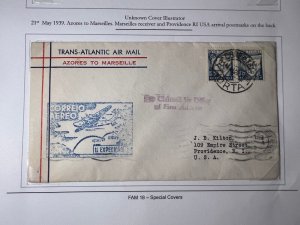 1939 Portugal FAM 18 FFC Airmail Cover Azores to Providence RI USA via Marseille
