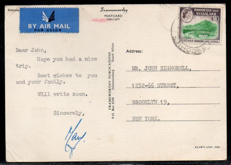 Rhodesia & Nyasasland 1/3 Air Mail Post Card Rate to US A793