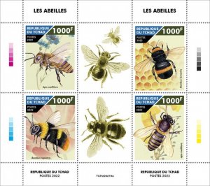 CHAD - 2022 - Bees - Perf 4v Sheet - Mint Never Hinged