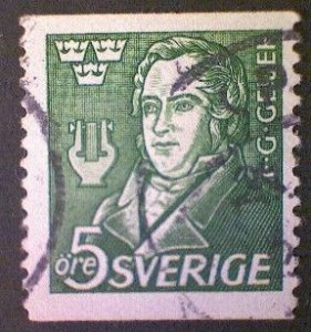 Sweden (Sverige), Scott #383, used (o), 1947, Erik Geijes, 5ö, dark yellow green