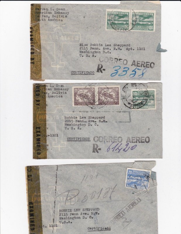 KAPPYSTAMPS BOLIVIA 1940'S 3 DIFFERENT CENSORED COVERS TO USA  DV61