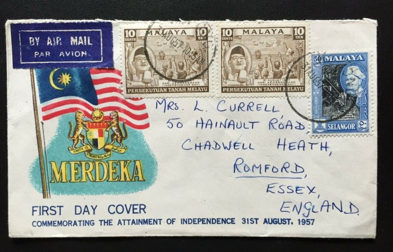 MALAYA FEDERATION 1957 MERDEKA FDC to Essex England M3581 