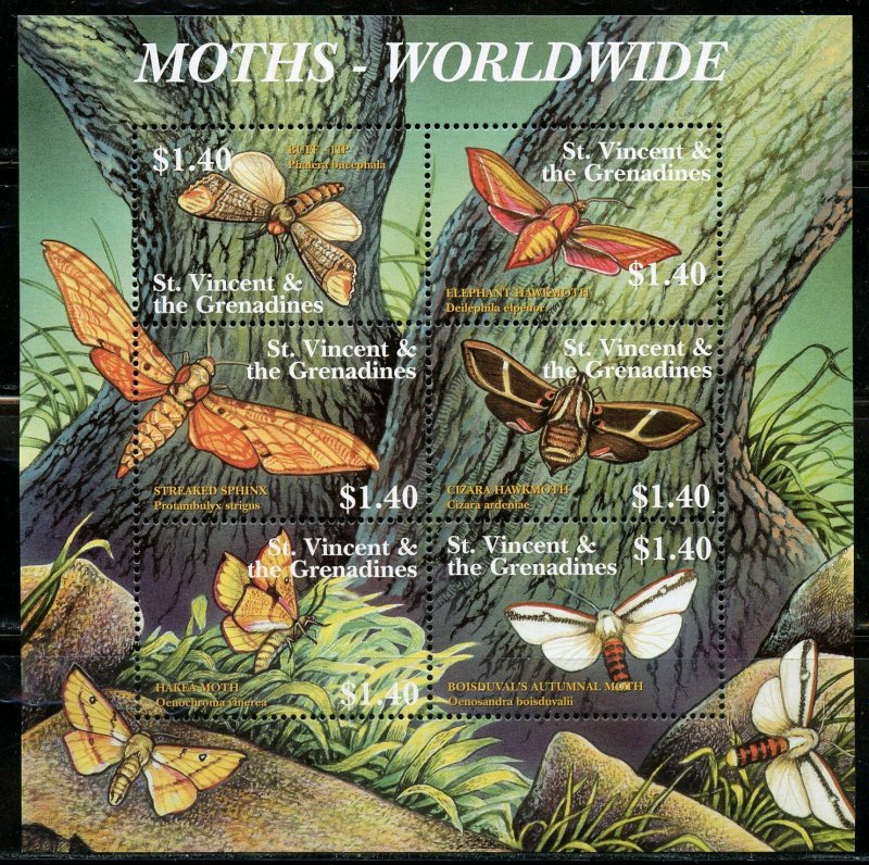 ST. VINCENTT GRENADINES MOTHS-WORLDWIDE SHEET & SOUVENIR SHEET MINT NH 