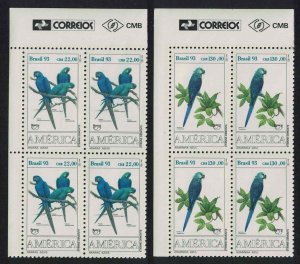 Brazil Birds Endangered Macaws 2v Corner Blocks of 4 1993 MNH SC#2423-2424