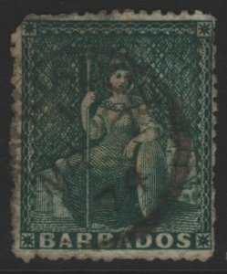 Barbados Sc#15c Deep Green Used Perf 14.5 - thin top reverse