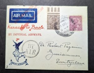 1929 India Airmail First Flight Cover FFC Karachi to Zweisimmen Switzerland