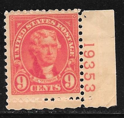 USA 641: 9c Jefferson, plate number single, MH, F