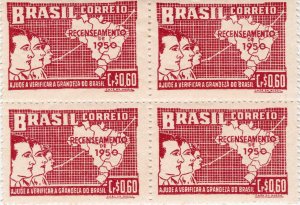 Brazil 1950 Sc 697 National Census Mint Hinged Block of 4 Original Gum