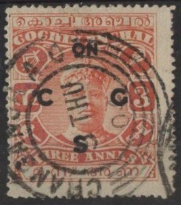 India: Cochin O19 (used) 3a Sri Rama Varma II, ver, ovptd  (1922)