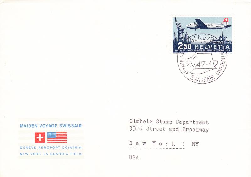 Switzerland 1947 FDC & First Flight Geneva to New York Official Cachet & Cancel
