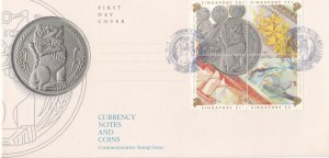 SINGAPORE 1992 CURRENCY NOTES & COINS COMP. SET BLOCK OF 4 STAMPS  FDC