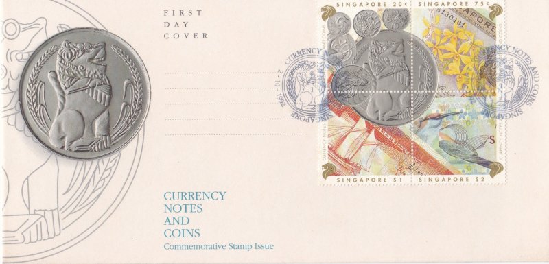 SINGAPORE 1992 CURRENCY NOTES & COINS COMP. SET BLOCK OF 4 STAMPS  FDC