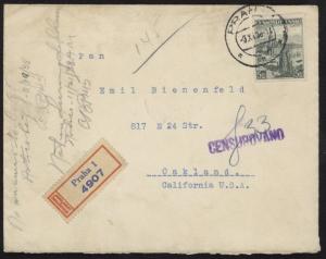 Czechoslovakia 225 on 1938 censored reg cover w/Praha pmk to Oakland, CA