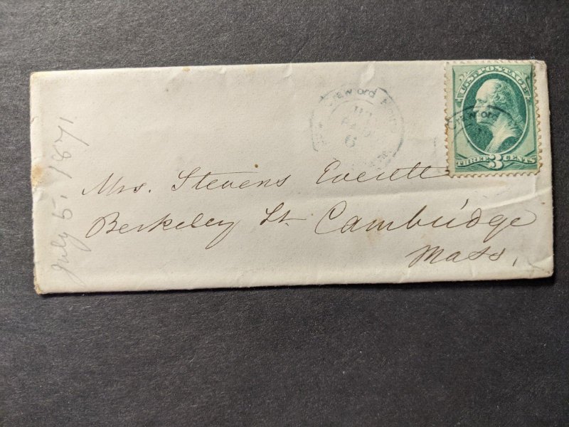 1871 CRAWFORD, MAINE Postal History Cover to Cambridge, Mass 