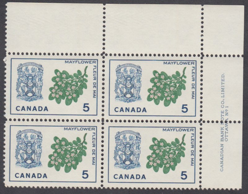 Canada - #420 Provincial Flowers & Coats-Of-Arms, Nova Scotia Plate Block - MNH