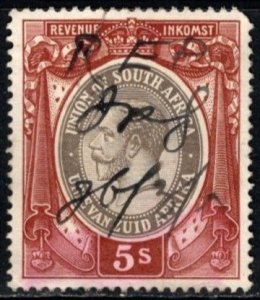 1913 South Africa Revenue King George V 5 Shillings General Tax Duty Stamp Used