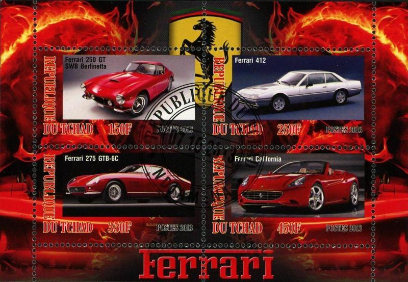 Chad Ferrari Car Transportation Luxury Souvenir Sheet of 4 Stamps