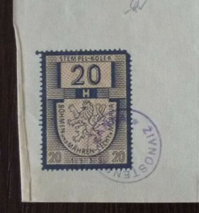 Czechoslovakia 1941 Revenue Stamp on Document Cat Lion Fauna Bank WWII US 3 