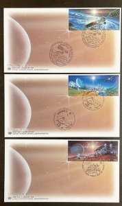 UN 1999 3 Fleetwood Uni Space III FDCs NY 761-2, Geneva 340-1 and Vienna 257-8