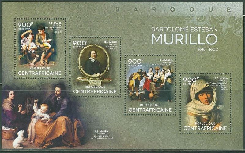 CENTRAL AFRICAN REPUBLIC 2014 ART BARTOLOME ESTEBAN MURILLO SHEET OF FOUR STAMPS