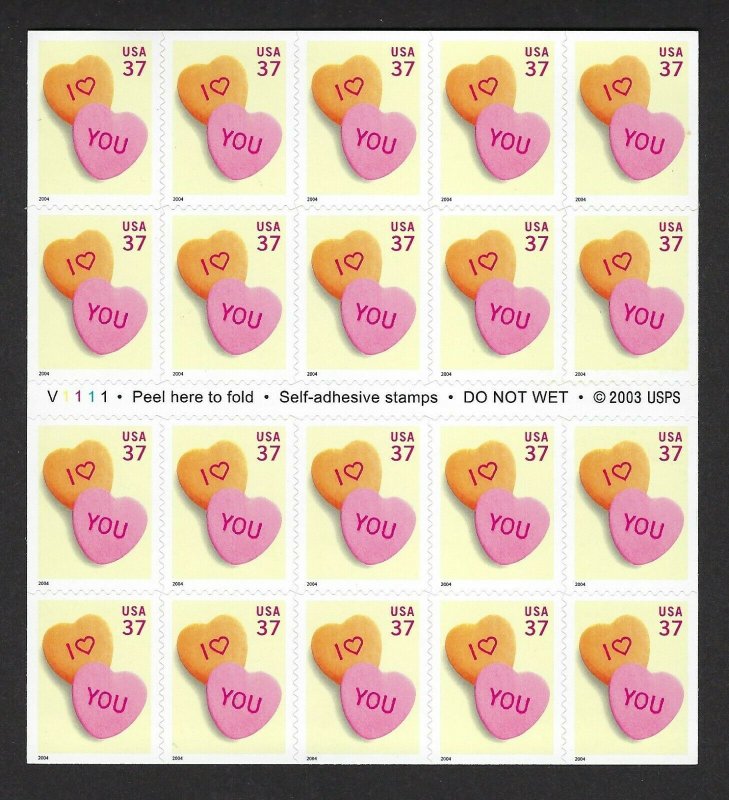 U.S. #3833a VALENTINE CANDY  BOOKLET PANE MINT, NH AT FACE VALUE!