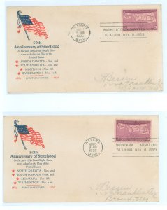 US 858 1939 3c 50th Anniversary Of Statehood / Two FDCs, addressed with matching Unknown Cachets and Cancels from Helena, MT & O