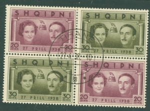 Albania 289 Queen Geraldine & King Zog wedding 1st day cancel 4-27-1938, partial blk of 4 souvenir sheet.